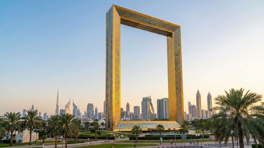 Dubai Frame - large golden building shaped like a huge picture frame