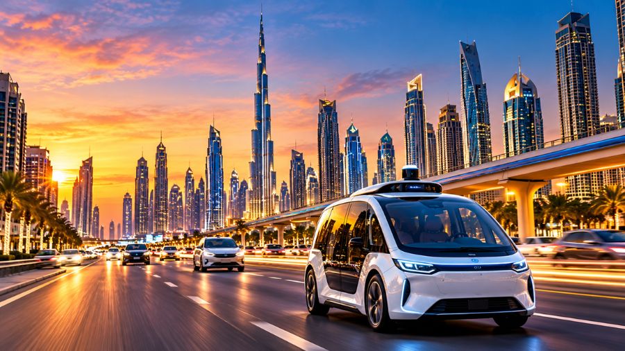 Dubai skyline at dusk with a driverless taxi on Sheikh Zayed Road, representing Dubai trends 2026